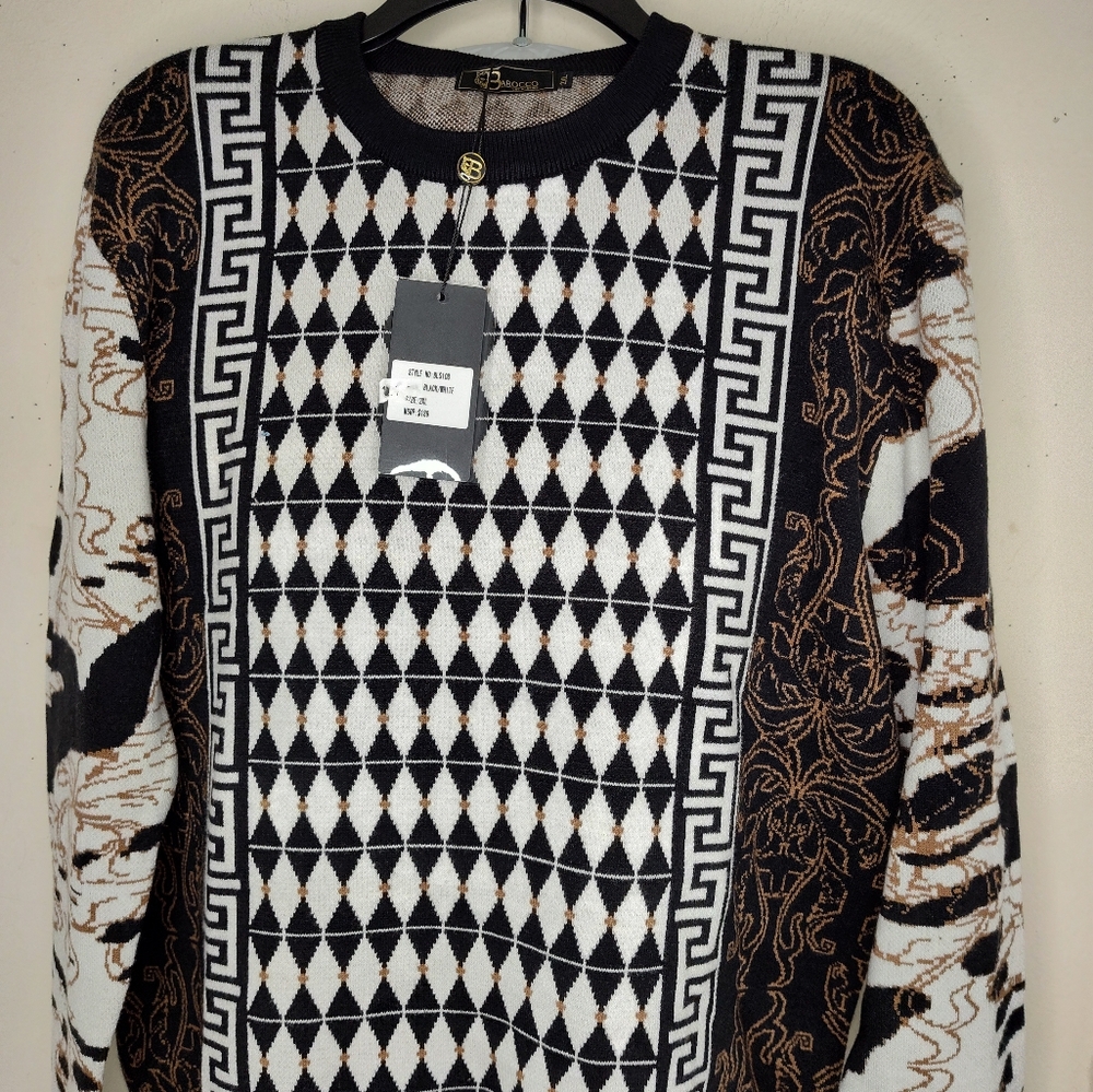 Barocco NEW $189 Mens Size 2XL Viscose Black White Long Sleeve Sweater Geometric